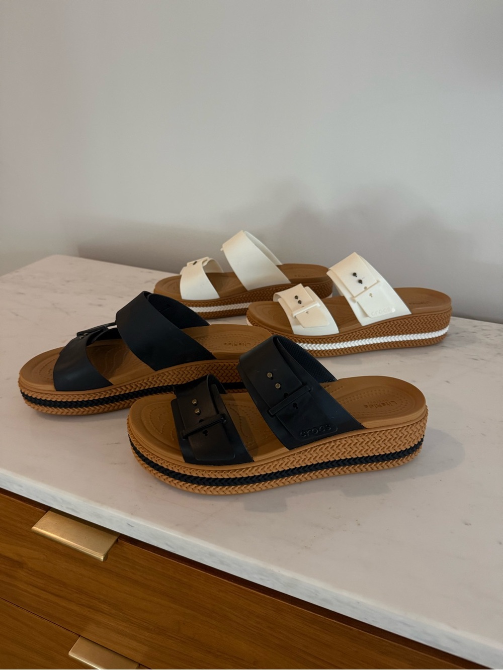 CROCS Dual-Strap Platform Slides in Black and White